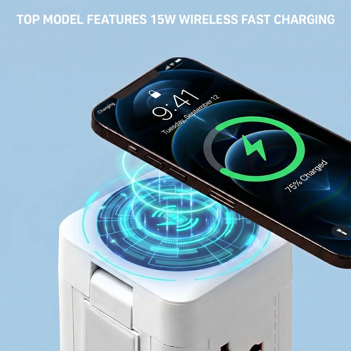 Power strip tower with 12 AC outlets and USB ports; wireless charging pad on top charging a phone.