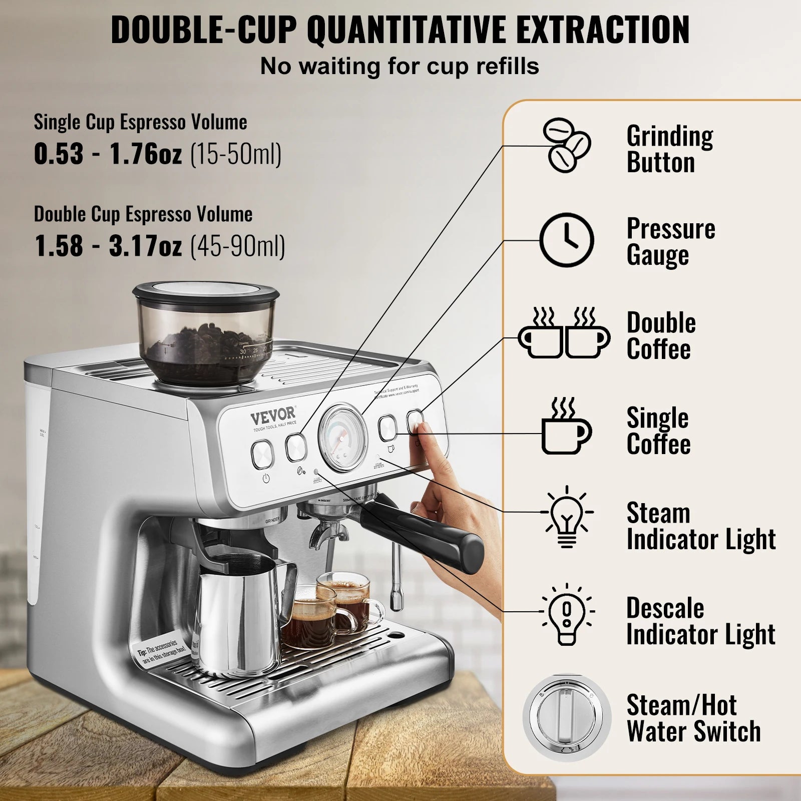 VEVOR Espresso Machine With Grinder 15 Bar Semi Automatic Coffee Maker Frother by S And B Enterprise