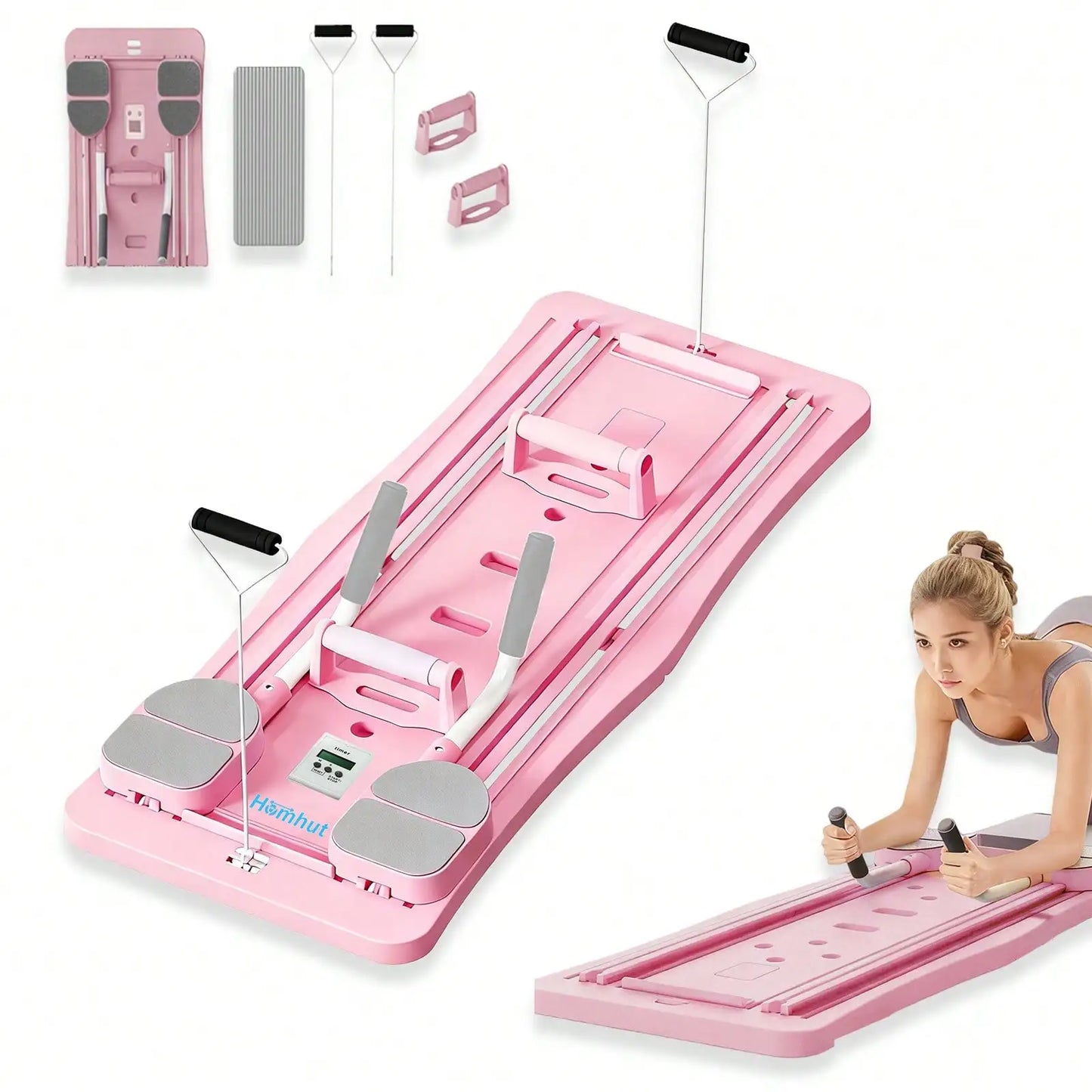 Pink Pilates sliding board reformer with resistance bands; foldable home workout equipment by S And B Enterprise