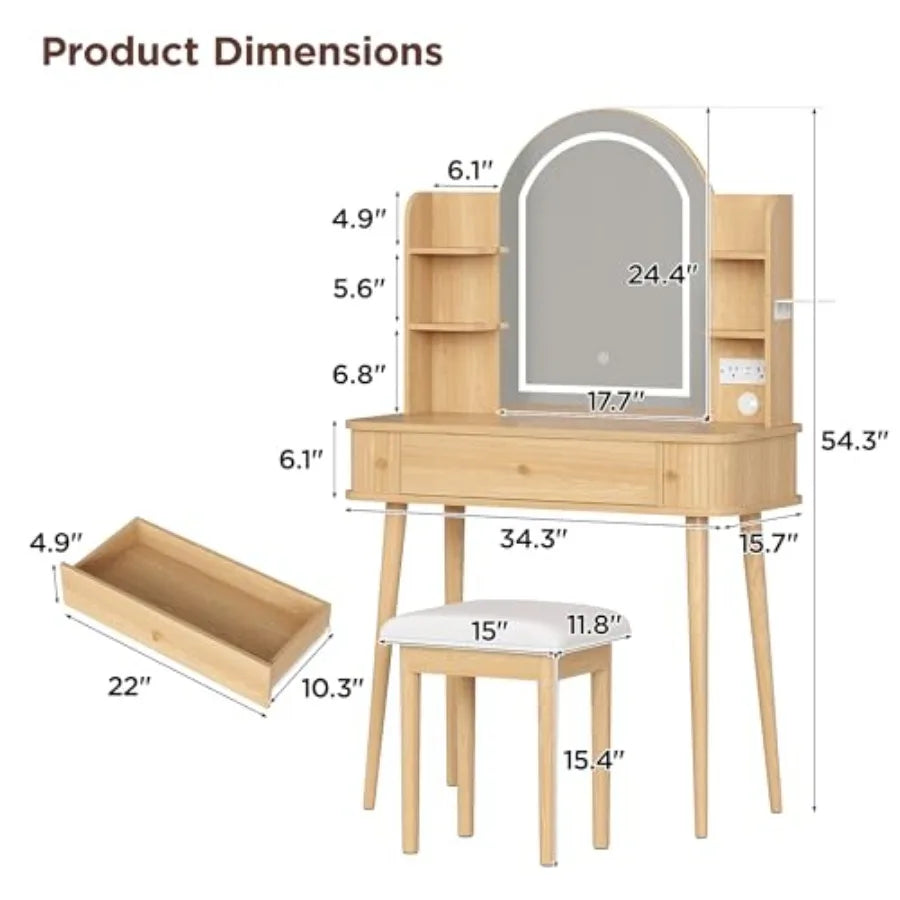 Vanity Desk With Mirror Lights And Power Outlet Storage