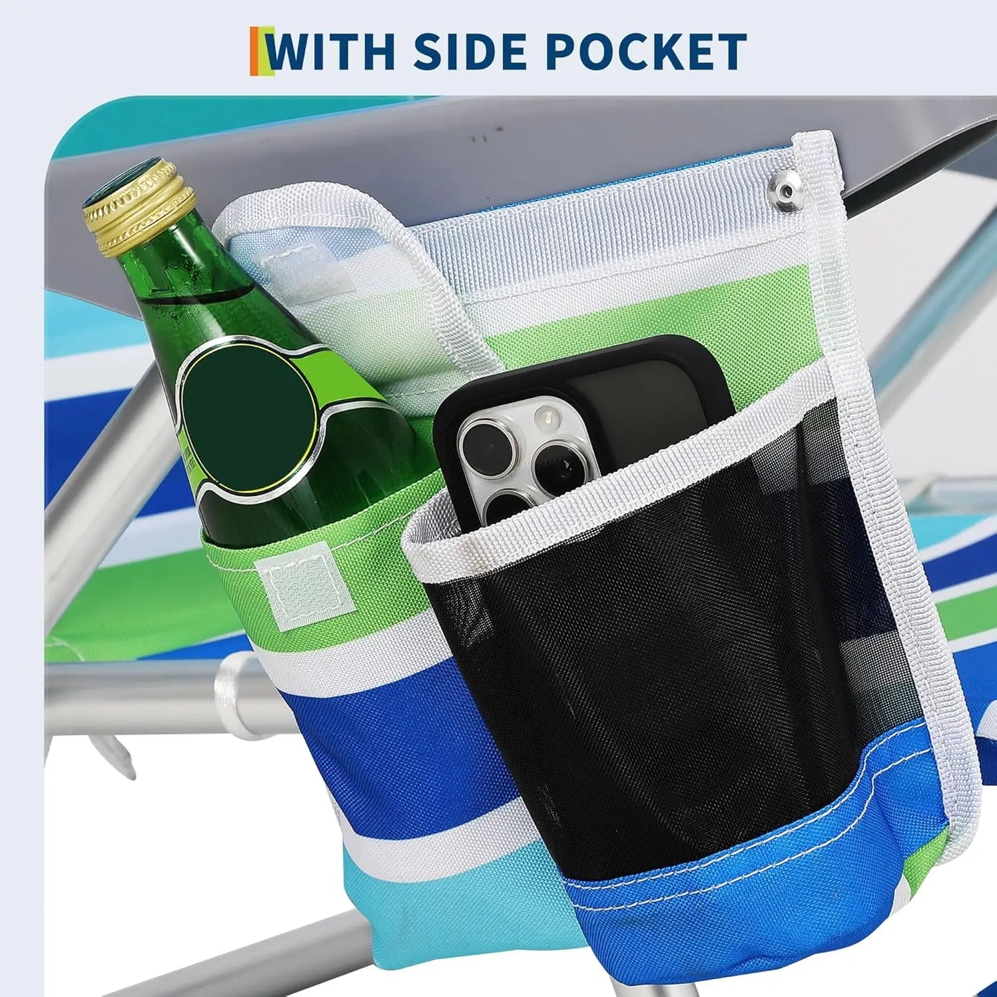Backpack beach chair for adults in blue-green striped fabric with side phone pocket and cup holder