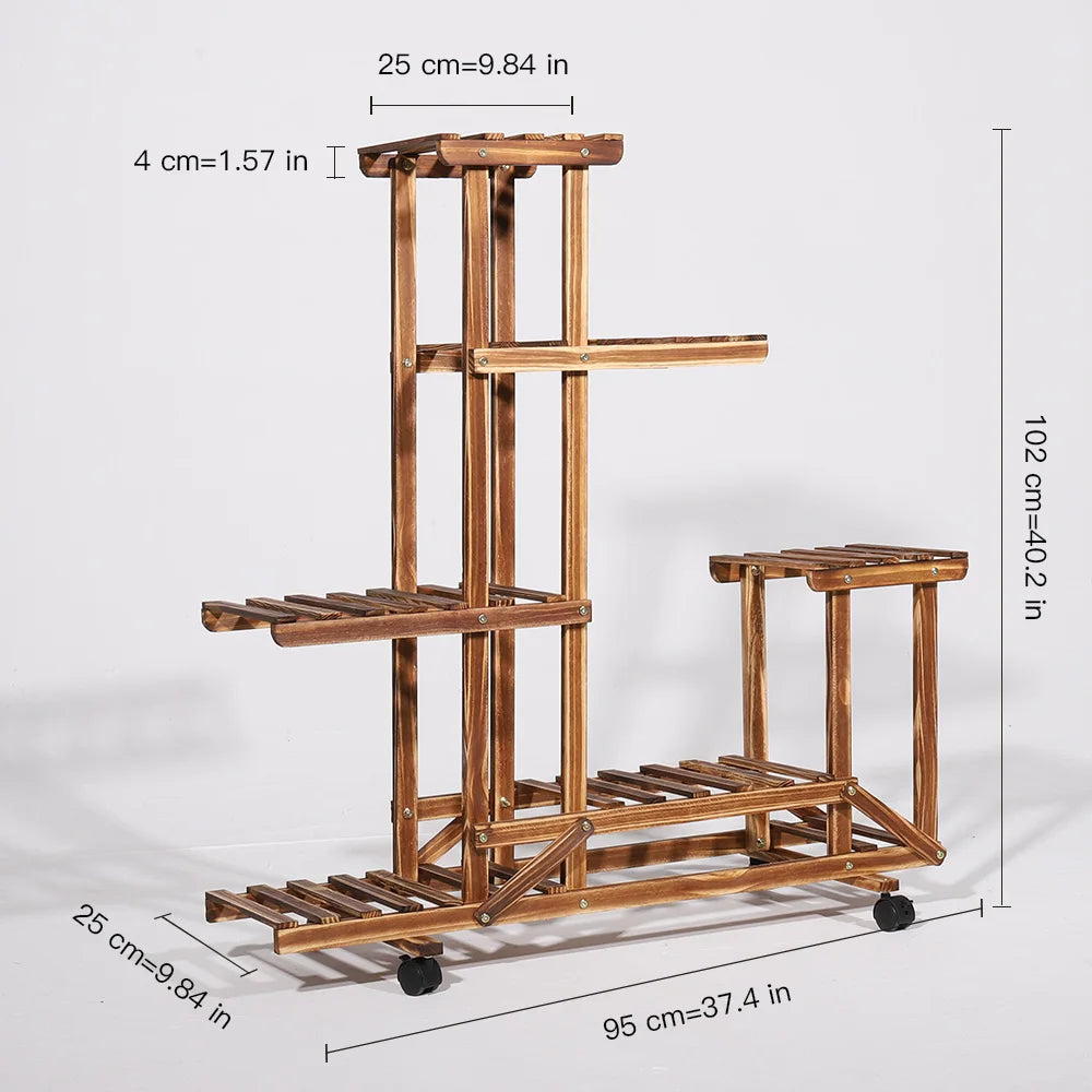 Multi-Layer Wood Plant Stand Rack Outdoor Indoor Rolling Flower Pot Holder with Wheels by S And B Enterprise