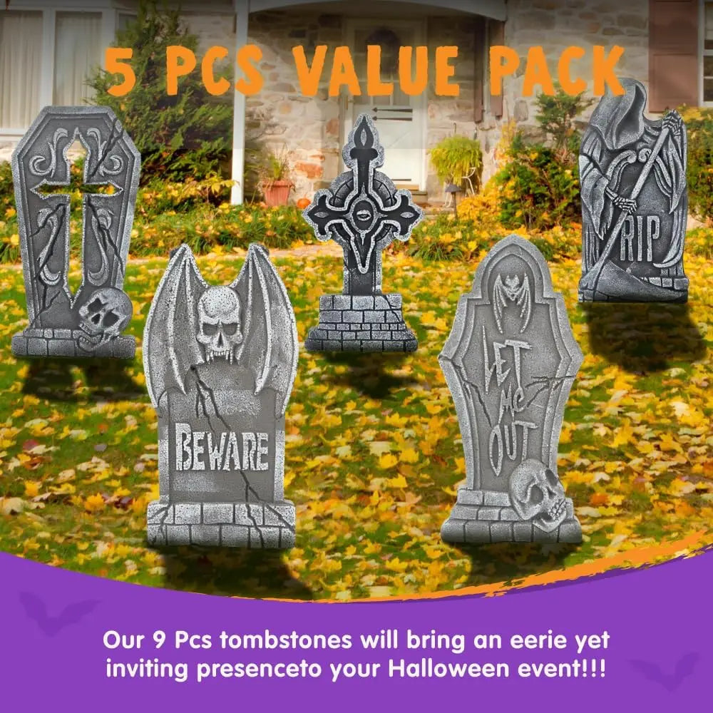 17-inch foam Halloween tombstones 5-pack outdoor cemetery lawn decor with 12 metal stakes by S And B Enterprise
