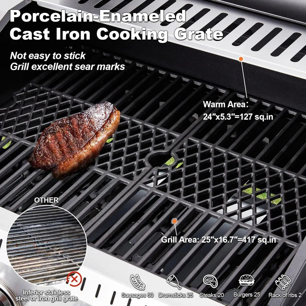 Stainless Steel 4 Burner Propane Gas Grill Cast Iron Grates