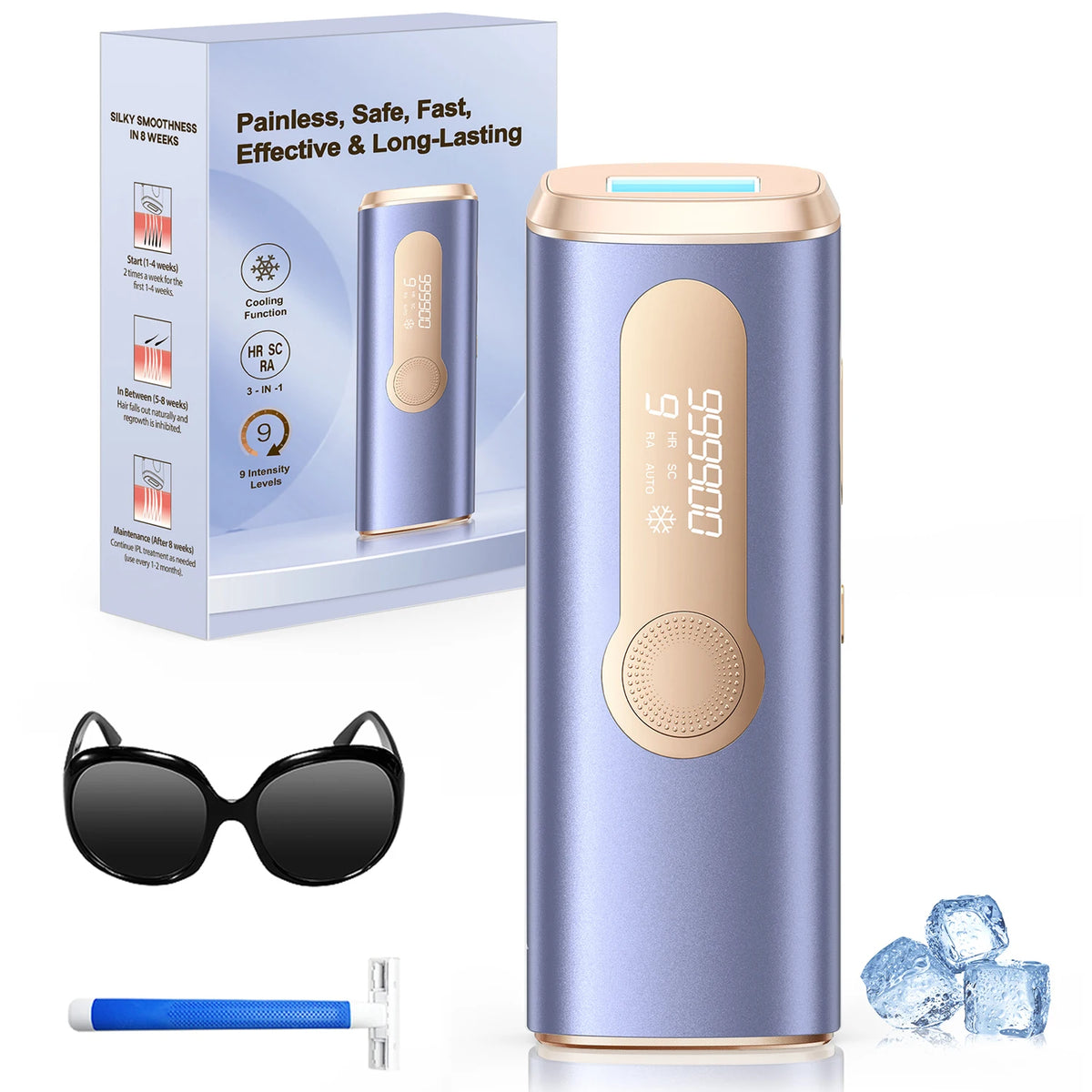 IPL hair remover device by S And B Enterprise in blue with gold accents, shown with box and accessories