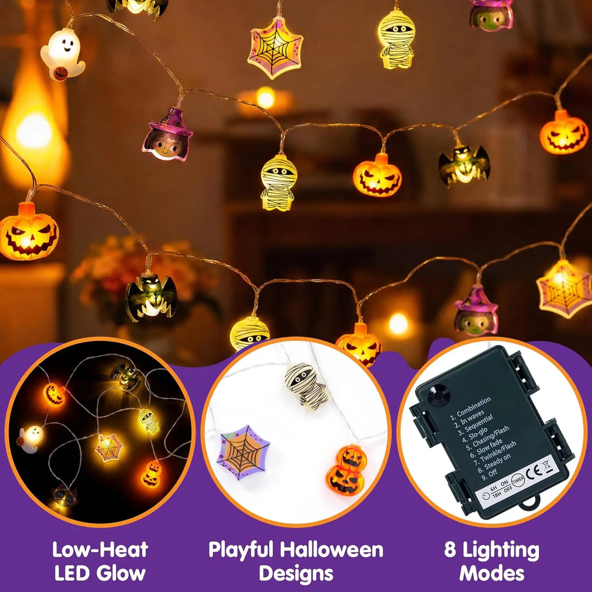 19.7ft 30 LED Halloween string lights with ghost and pumpkin 3D designs, battery timer, 8 modes, S And B Enterprise
