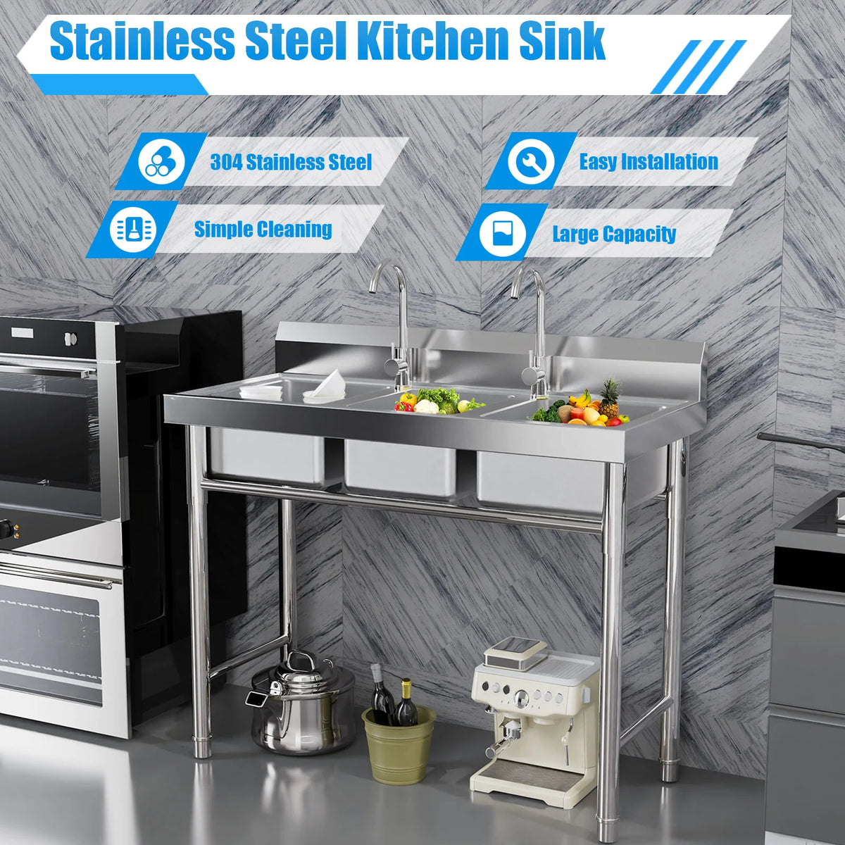 3 Compartment Stainless Steel Sink with 2 Faucets Freestanding Commercial Utility Sink Triple Bowl for Restaurant Garage Laundry