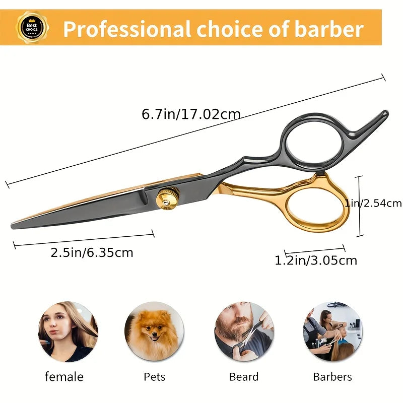 S And B Enterprise professional stainless steel hair cutting scissors set with black and gold handles.
