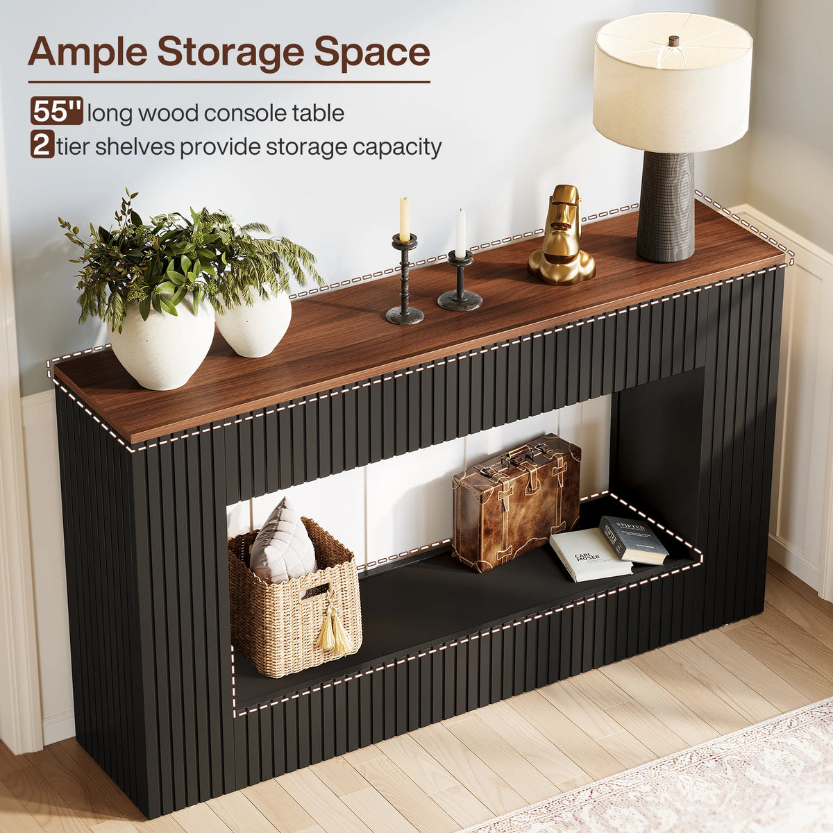 Tribesigns 55-inch wood console table with 2-tier storage in black finish, shown with decor on top