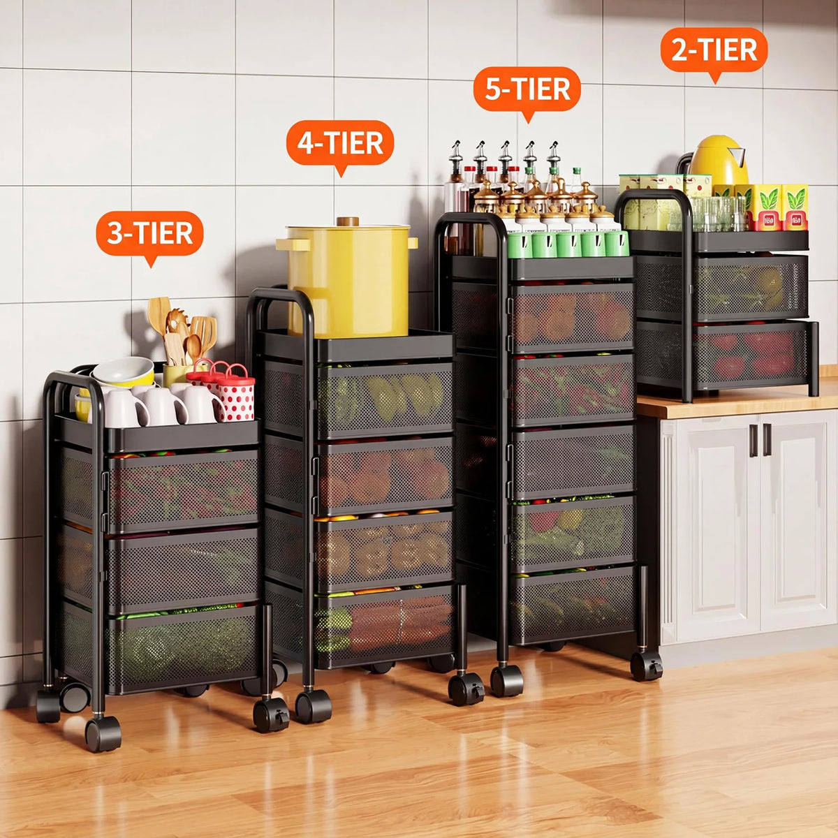 Set of four black carbon steel rotating storage carts on wheels with mesh drawers, 2–5 tiers.