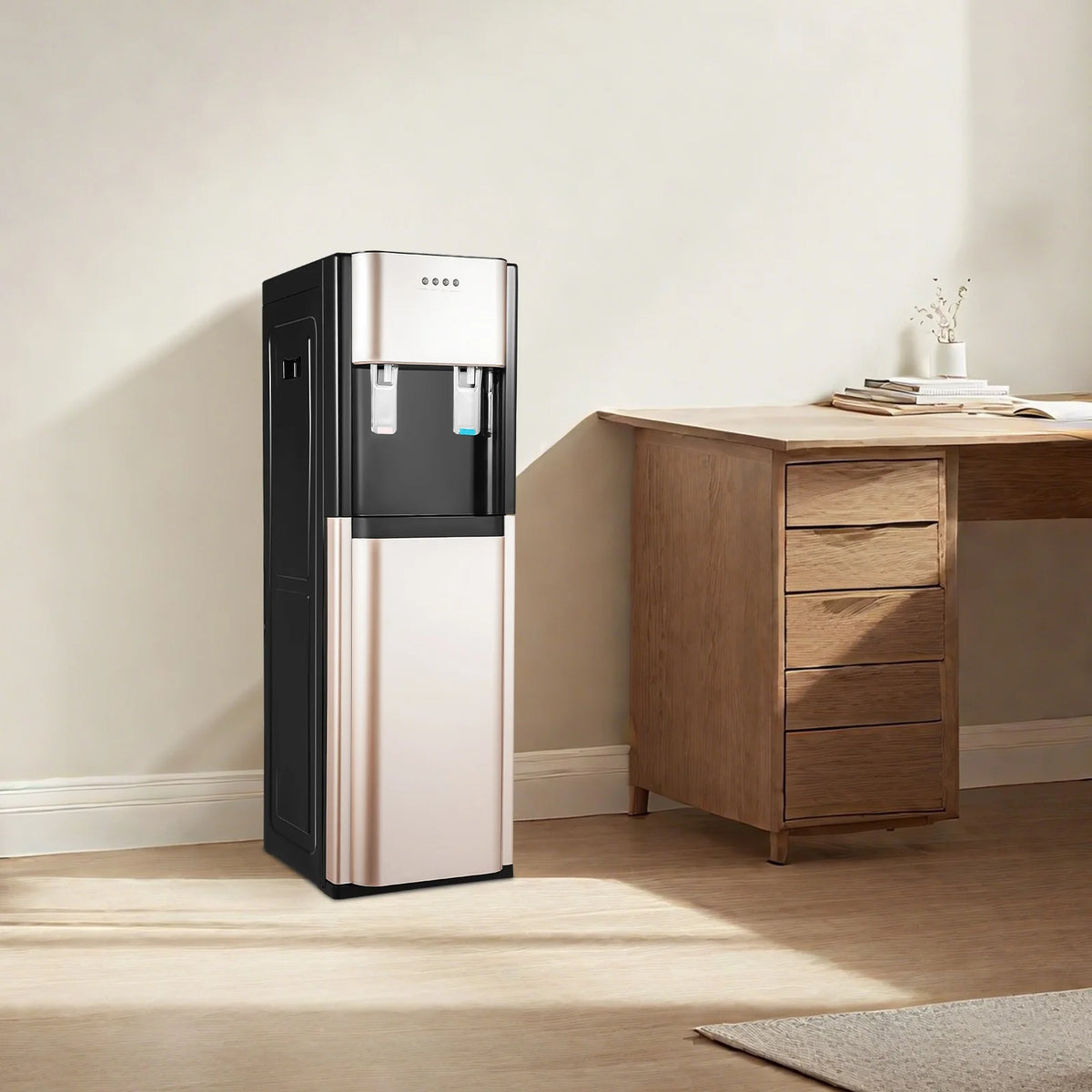 Bottom-loading water dispenser with stainless steel liner, black/silver finish, hot/cold, freestanding for home/office