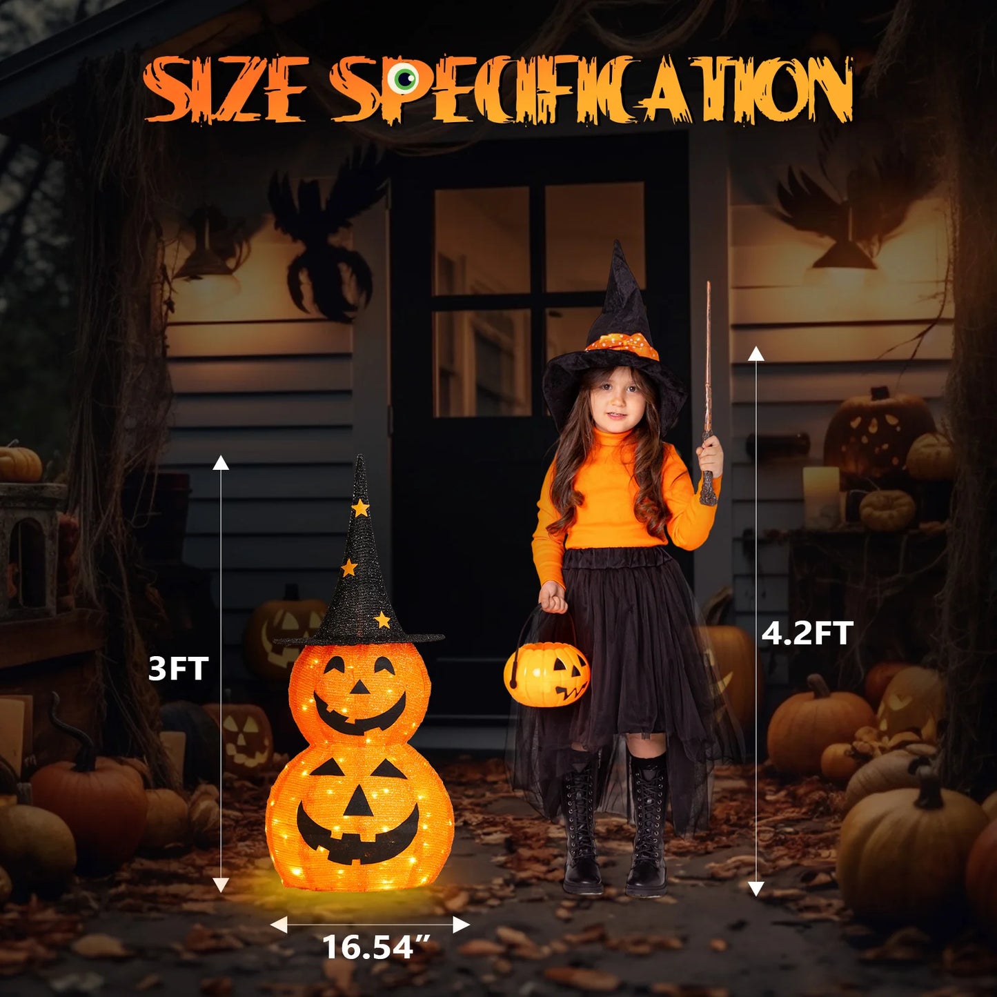 2-pack 3ft orange lighted Halloween pumpkin decorations with 150 warm LEDs for yard decor