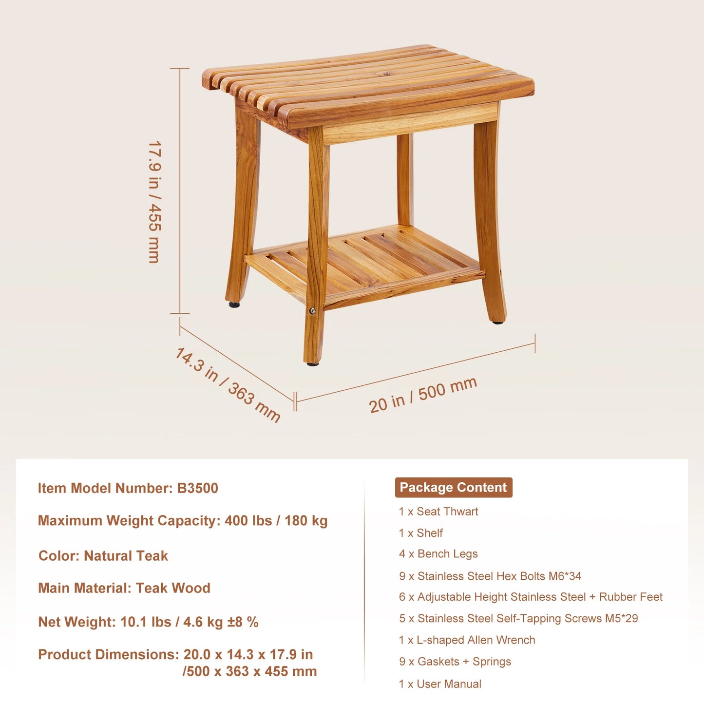 SucceBuy Bamboo Shower Bench 19.1x11.3x18.3 in Waterproof Shower Stool Chair with Storage Shelf 330lbs Load Capacity Spa Seat by S And B Enterprise