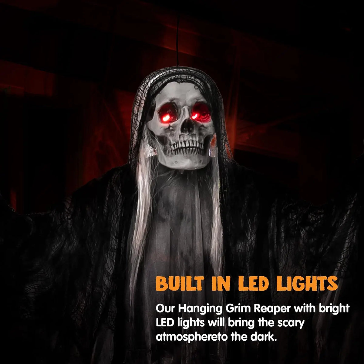 59-inch animated hanging grim reaper prop with glowing red eyes, black veil, and long robe for Halloween decor.