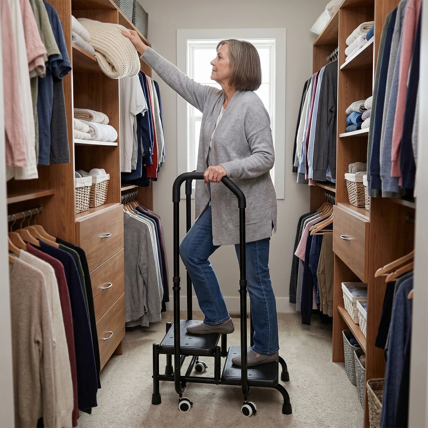 2-step stool with handrail on a black metal portable rolling ladder with adjustable height