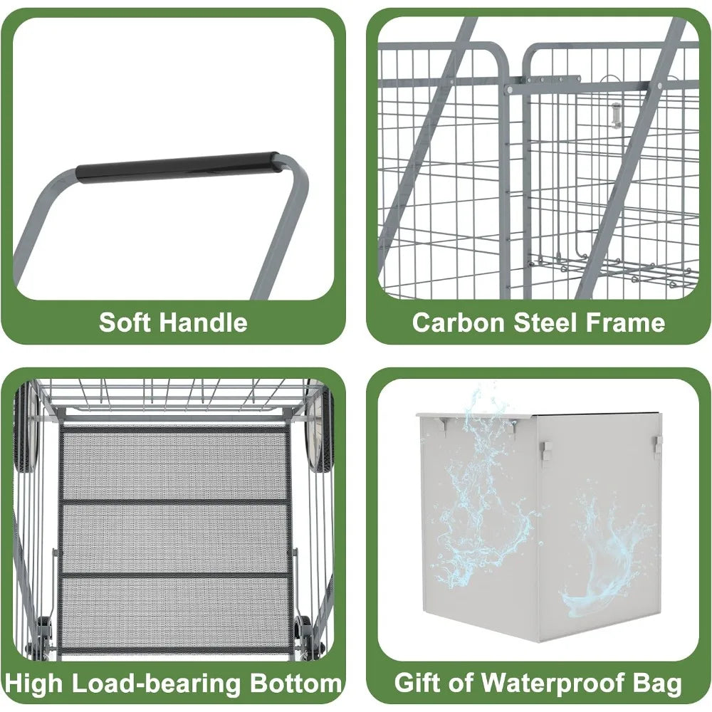Heavy-duty folding shopping cart with soft handle, carbon steel frame, high-load bottom, and waterproof bag