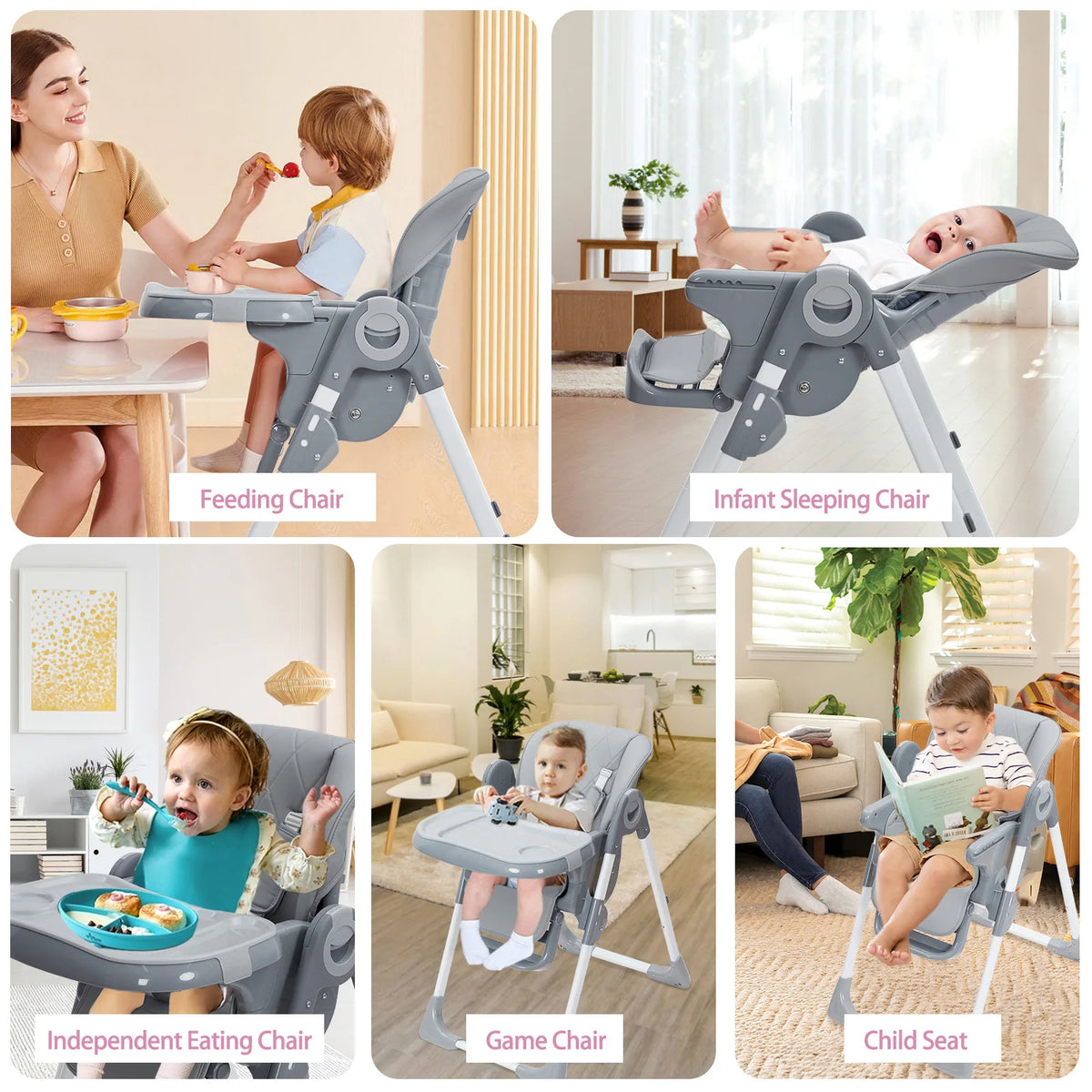 S And B Enterprise 5-in-1 baby high chair in gray with adjustable height, reclining, and foldable design