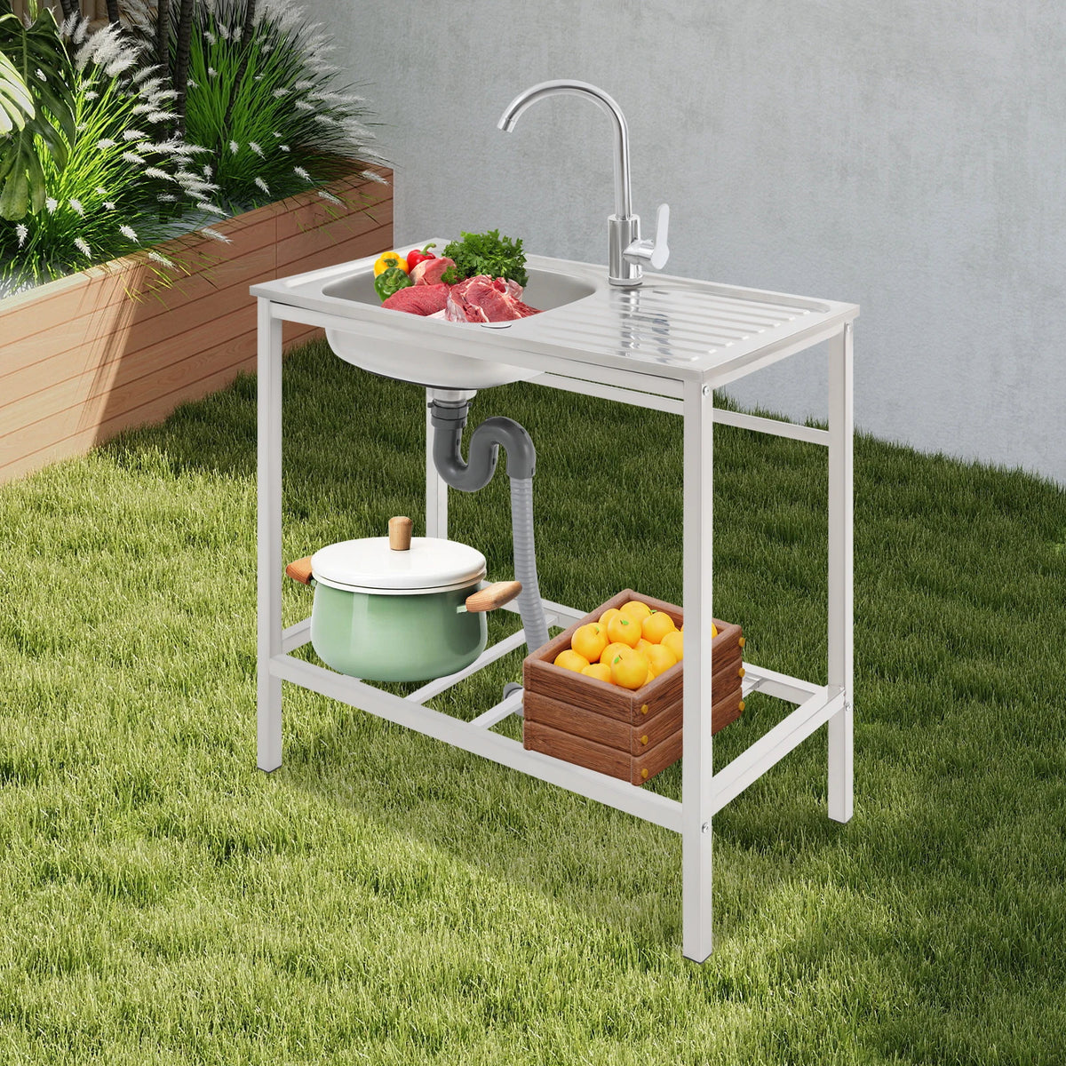75*40*75cm Commercial Sink with Operation Countertop and Shelf, Kitchen Single Bowl Sink, Free Standing Sink with 360 Faucet