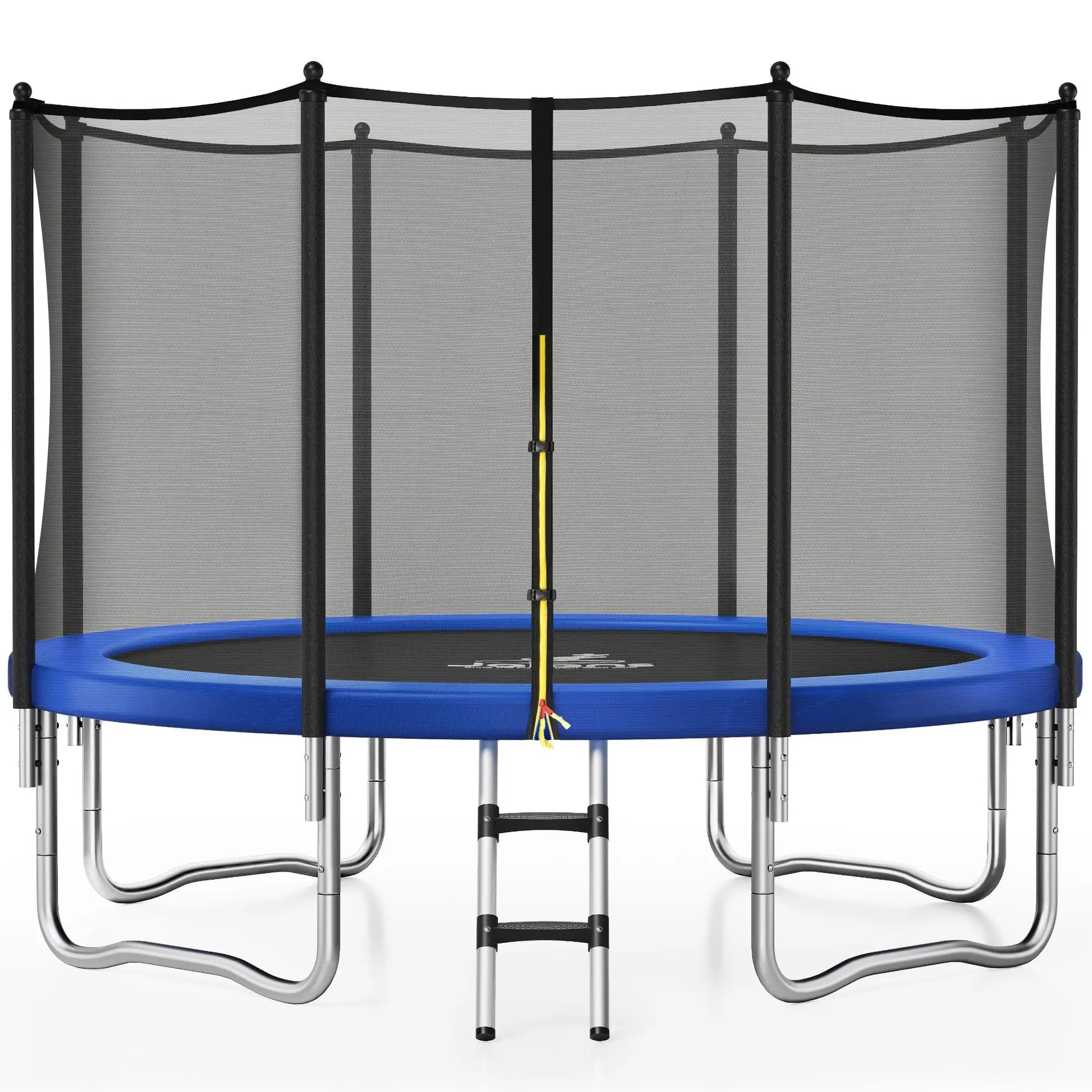JELENS outdoor trampoline with enclosure net, blue safety padding, black posts, and silver legs