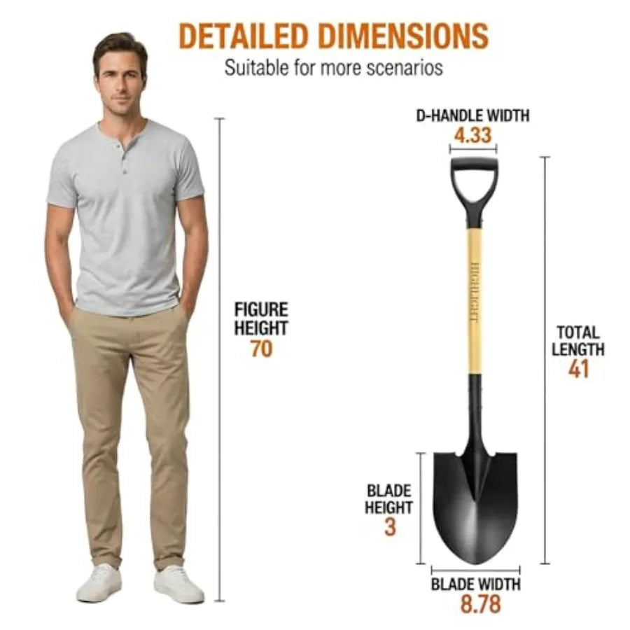 Heavy duty garden shovel, 41in total length, round-point blade, D-handle by S And B Enterprise