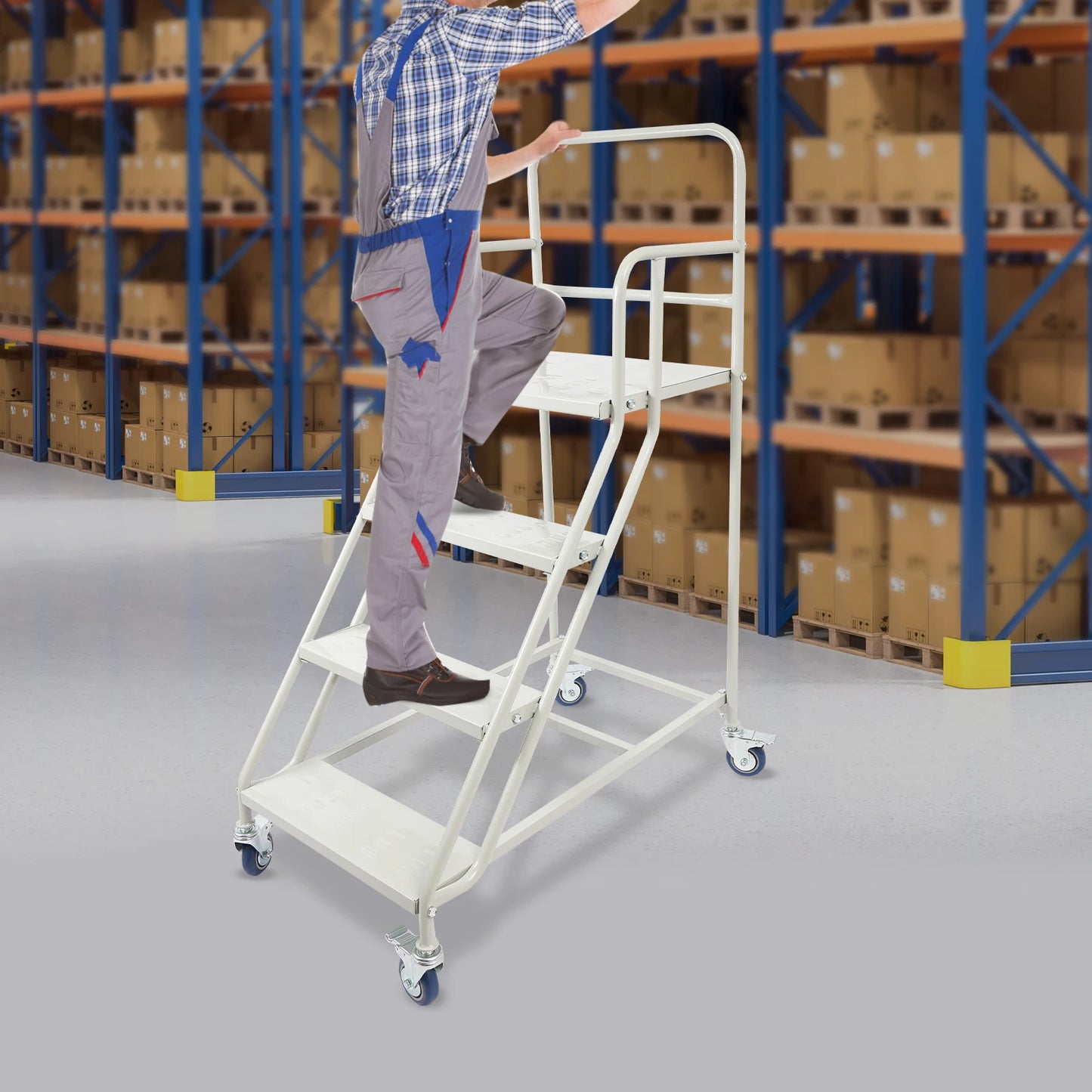 Heavy-Duty 4-Step Stair, High Load-Bearing Warehouse Ladder, Anti-Slip Mobile Step Ladder with Brake Wheel, Cold-Rolled Steel Elevation Platform with Guardrail for Warehouse Supermarket Home by S And B Enterprise