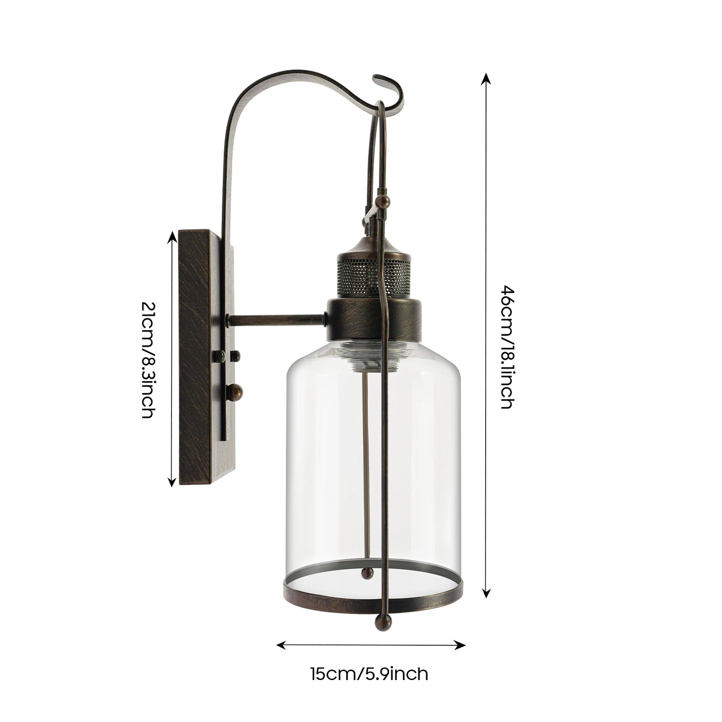 S And B Enterprise retro industrial wall lamp with rust iron frame and clear glass shade, E26/E27 socket, wall mount