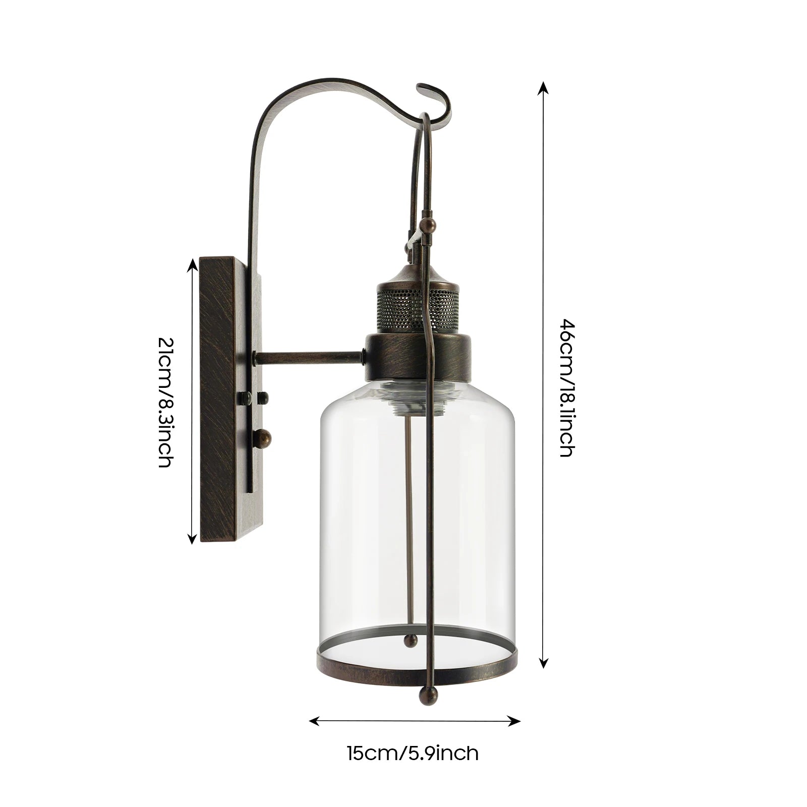 S And B Enterprise retro industrial wall lamp with rust iron frame and clear glass shade, E26/E27 socket, wall mount