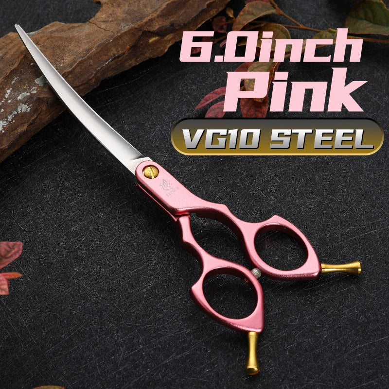 Pink 6.0-inch curved pet grooming scissors, VG10 steel, S And B Enterprise
