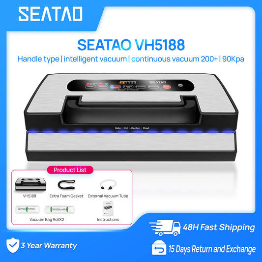 Seatao VH5188 vacuum packing machine with built-in cutter and storage, stainless steel top, black body