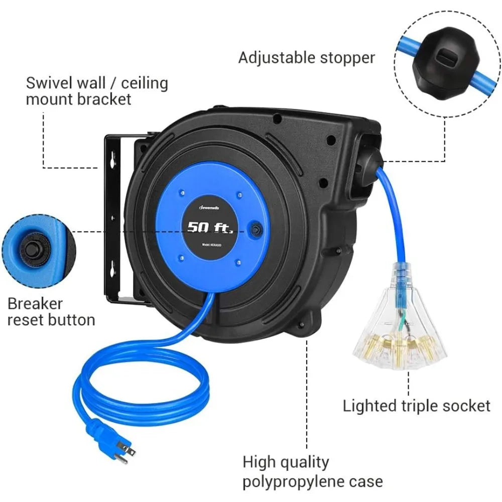 S And B Enterprise 50ft retractable cord reel with 3 outlets, blue cord