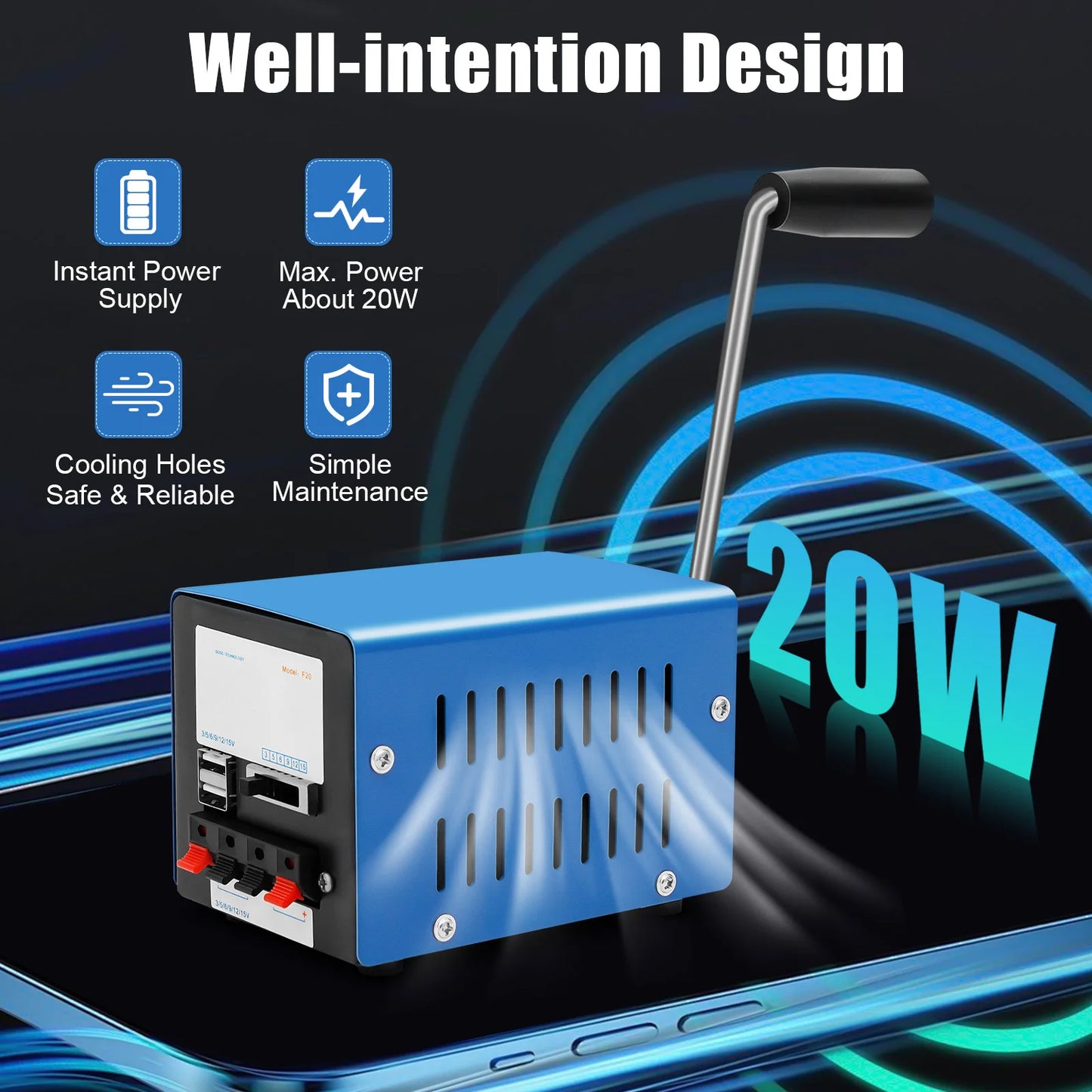 20W Portable Hand Crank Generator USB Charger For Camping