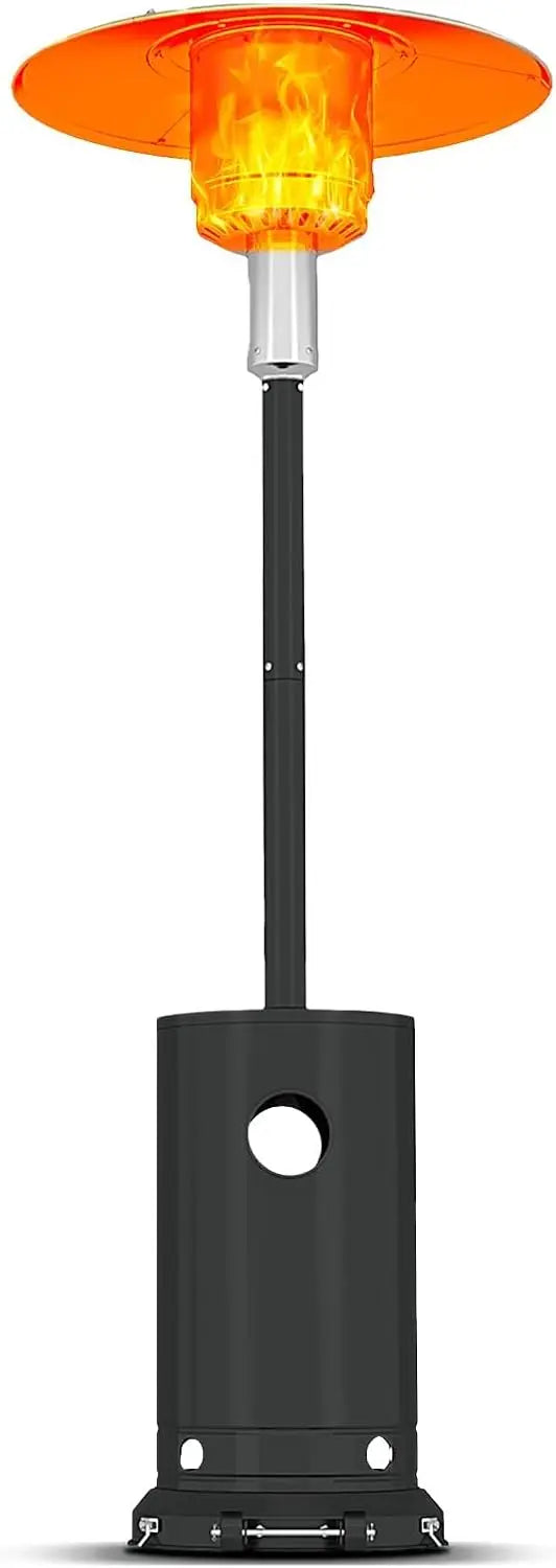 48,000 BTU outdoor patio heater with orange heat shield and tall black stand