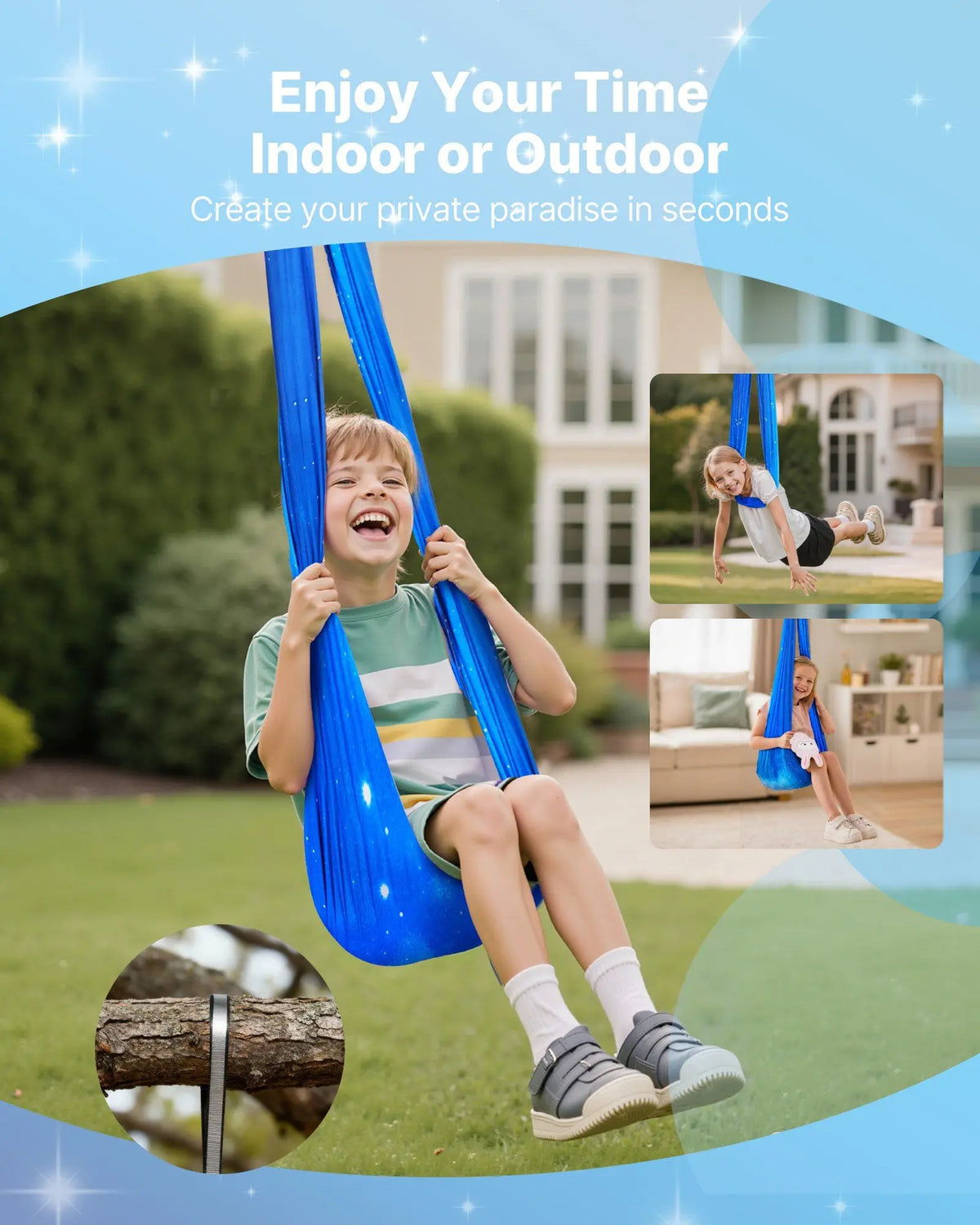 Sensory Swing, blue double-layer fabric hammock by S And B Enterprise with 360° swivel hanger, holds up to 300lbs