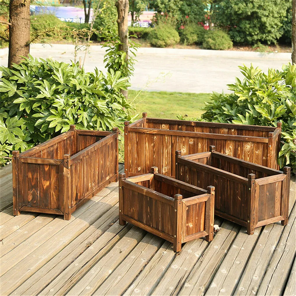 Set of brown stained wooden raised planter boxes for indoor and outdoor gardening.
