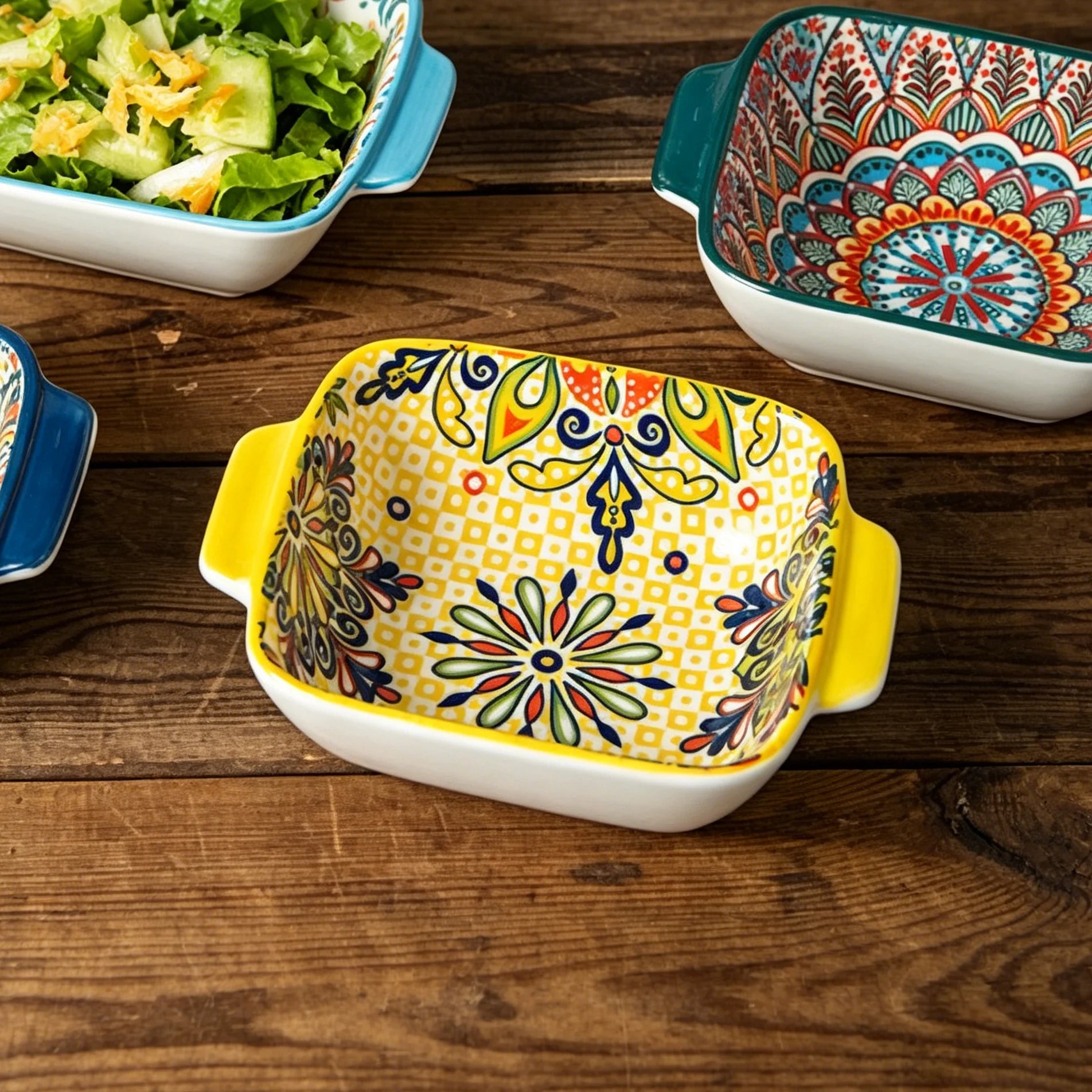 2Only15.24 Bohemian-Style Ceramic Salad Bowl/Pasta Bowl, Reusable Dessert Container with Handle/ Snack Bowl, Boho Tableware by S And B Enterprise