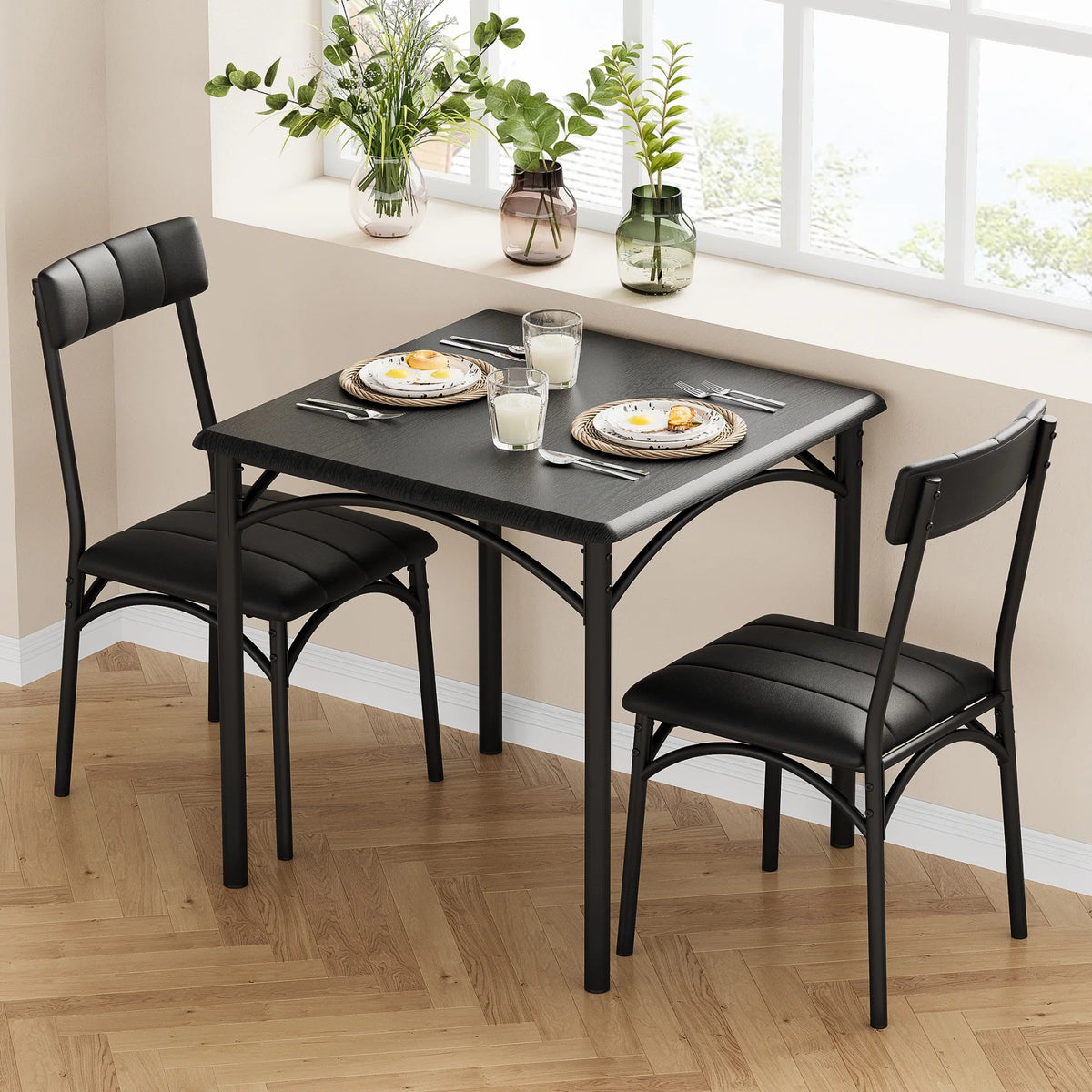 HiMISS Modern Compact Dining Table Set With Two Upholstered Chairs
