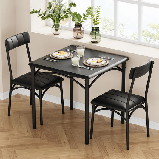 HiMISS modern compact dining table set with two black upholstered chairs