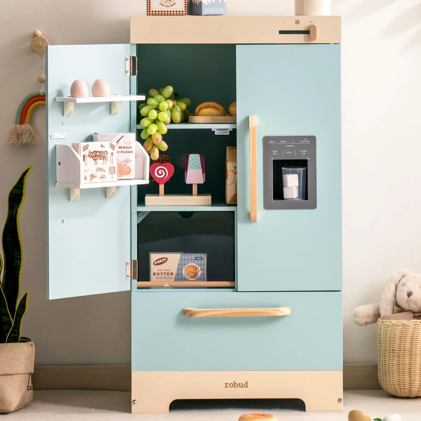 Robotime Robud Play Kitchen Fridge Refrigerator with Ice Dispenser Wooden Kids Play Kitchen Playset Toy for Ages 3+Blue by S And B Enterprise