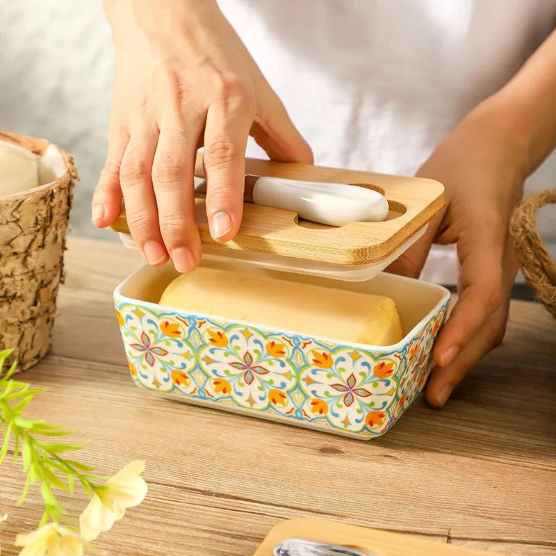 350ML Rural Style Ceramic Butter Box with Knife and Cover, American Household Cross-border Cheese Kitchen Storage Box by S And B Enterprise