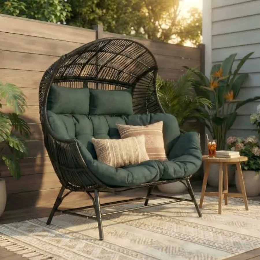 2 Person Egg Chair Indoor Outdoor Steel Frame Cushioned Headrests