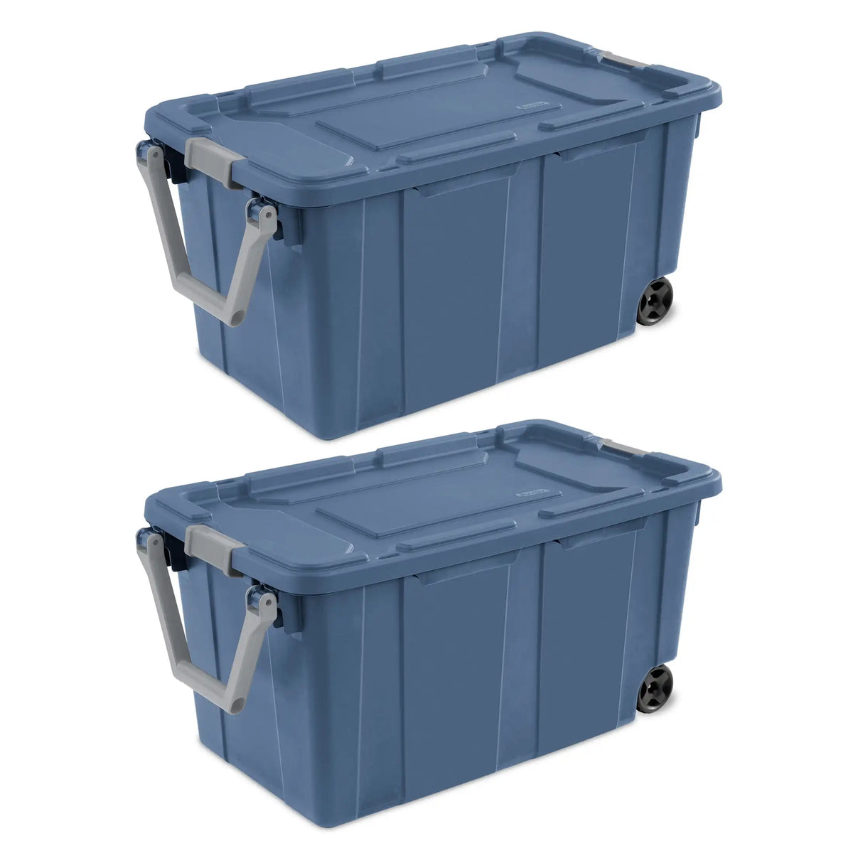 Two blue 40-gallon wheeled storage bins with handles and lids