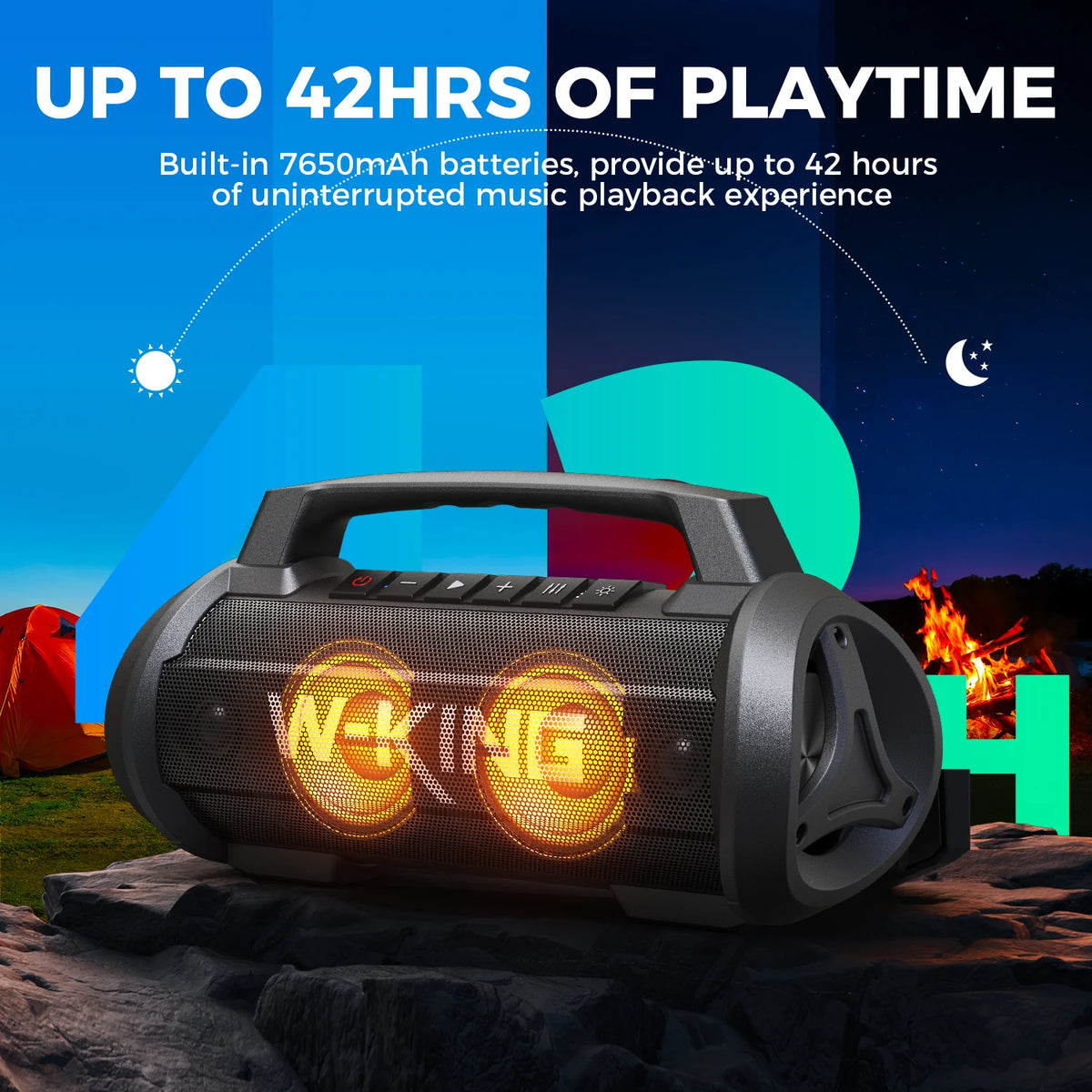 W-KING D10 120W Bluetooth speaker, black with orange LED rings, IPX6 waterproof outdoor boombox