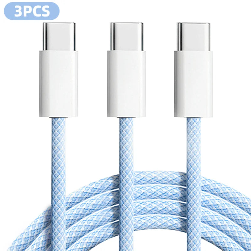 3pcs nylon braided USB-C fast charging cables, 6ft, 60W, light blue, S And B Enterprise