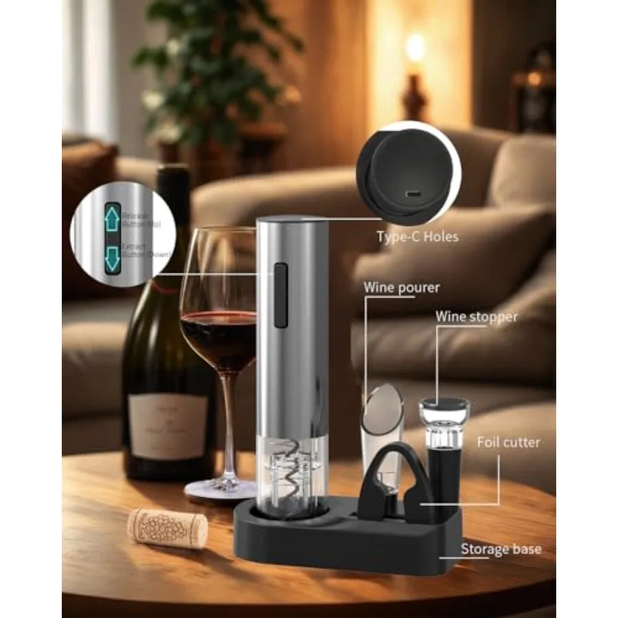 6-in-1 stainless steel electric wine opener set with foil cutter on a black base, rechargeable by S And B Enterprise