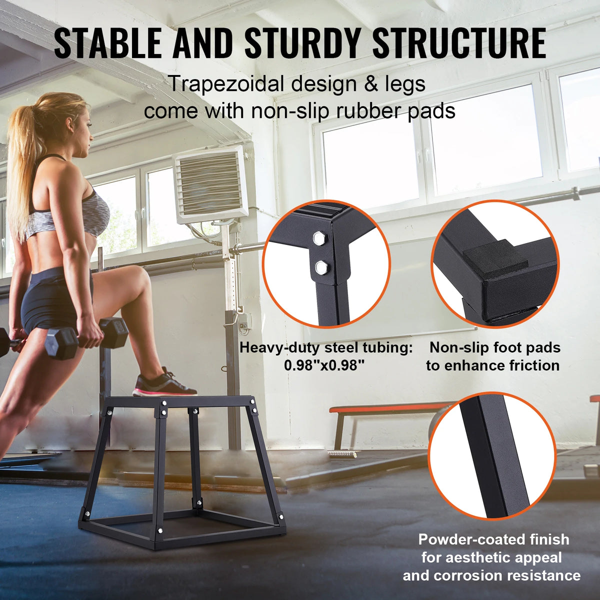 Plyometric jump box set in black steel with powder-coated finish and non-slip pads