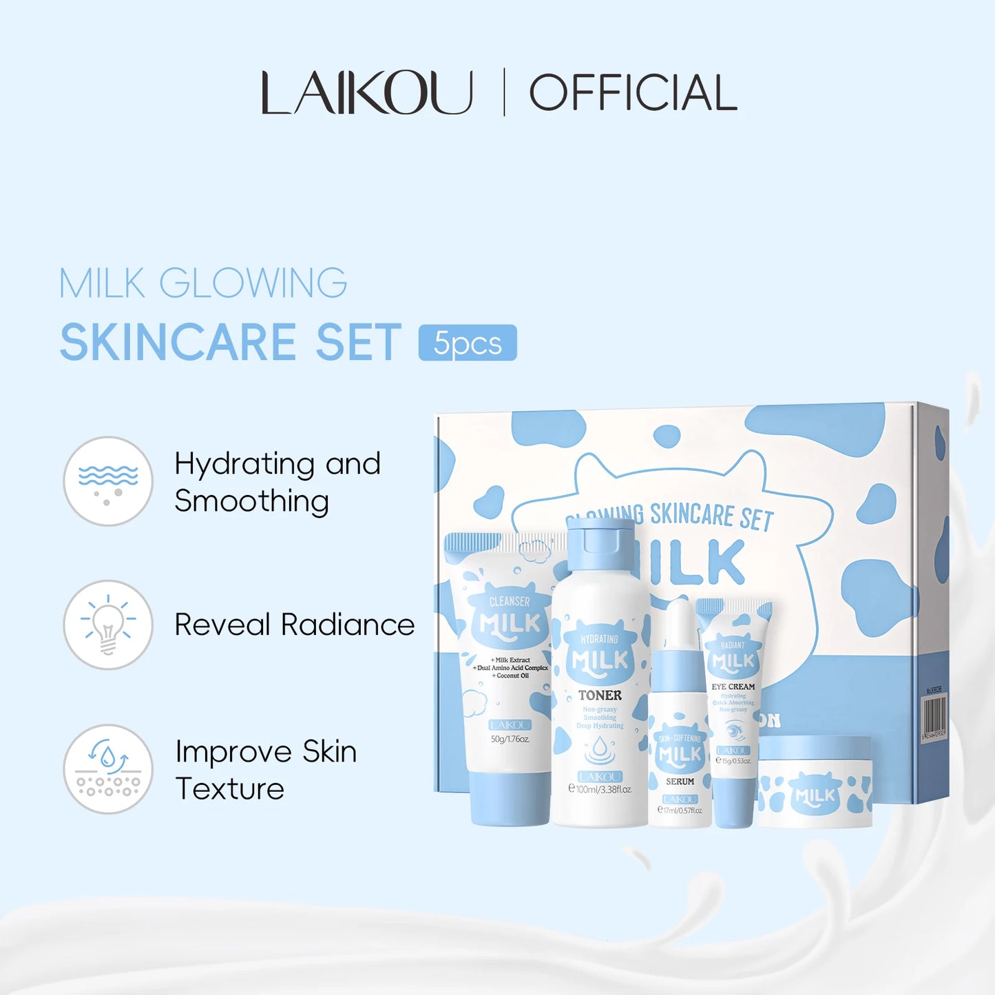 LAIKOU Milk Glowing Skincare Set Hydrating Brightening Facial Care