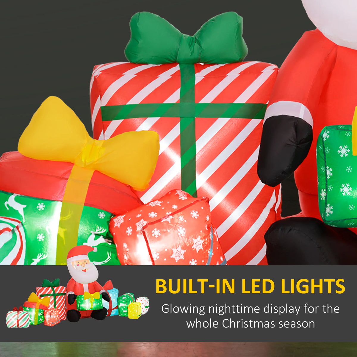 Outsunny Christmas inflatable Santa with white LED lights among colorful gift boxes