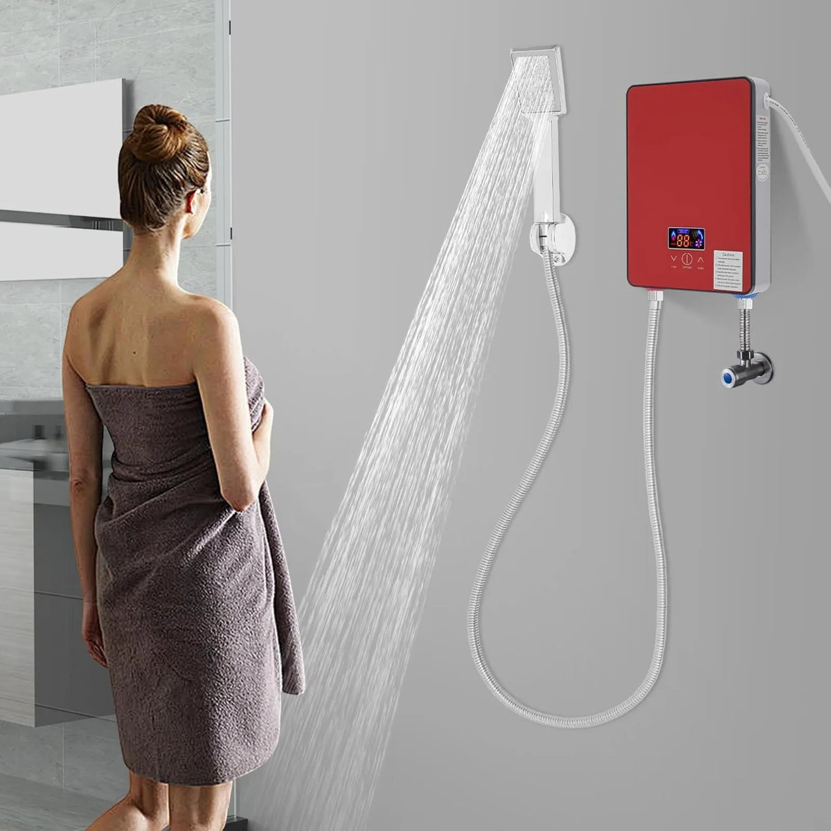 6500W red wall-mounted instant electric tankless water heater with LED display and handheld shower hose