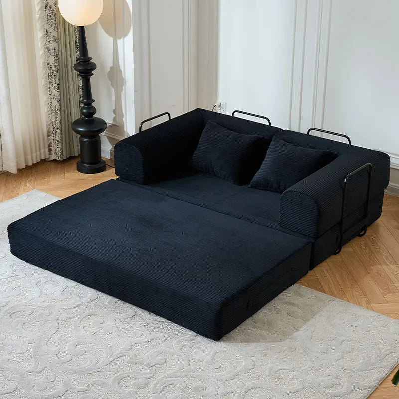 79-inch foldable futon sofa bed with L-shaped armrests in dark navy fabric, living room couch.