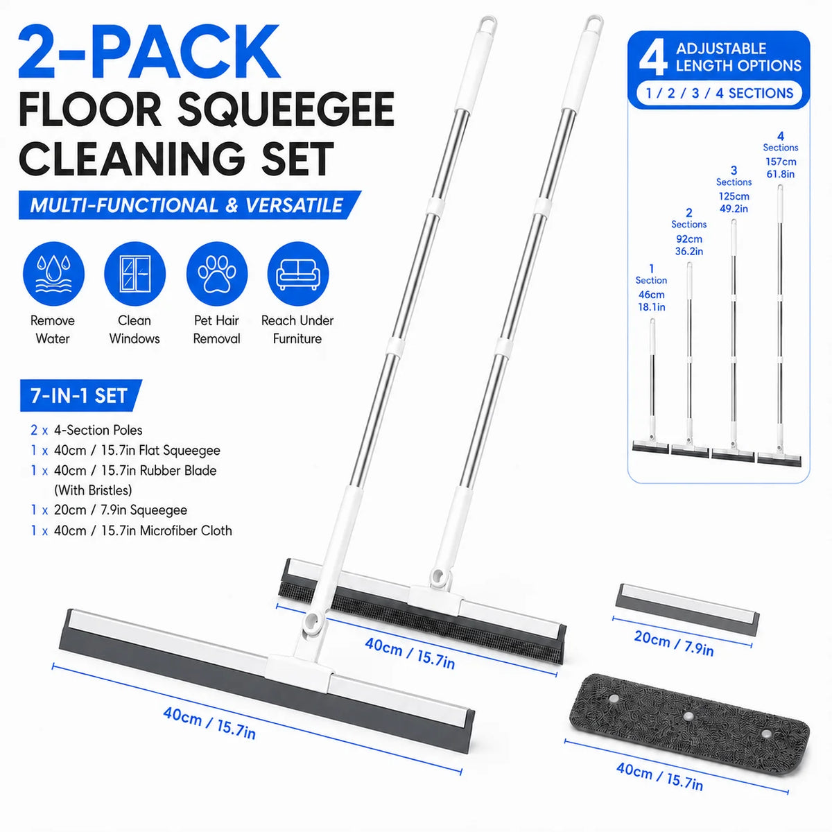 Joybos 2-Pack Floor Squeegee Cleaning Set with 4-section adjustable poles and dual-sided bristles and squeegee blades